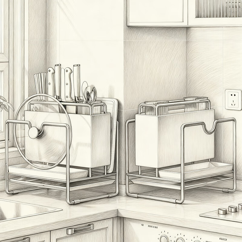 尔思家厨房置物架刀具收纳架水槽边沥水架多功能菜板架锅盖放置架台置式 奶白色*ins大号刀架