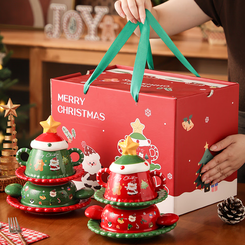 LAPULIAO圣诞节礼物送女生闺蜜创意餐具杯子实用送公司同事老师平安夜礼品 圣诞红色-餐具杯子套装【圣诞礼盒装】