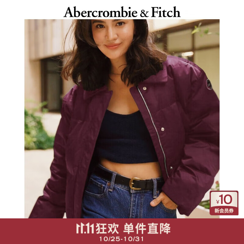 Abercrombie &amp; Fitch女装24秋冬美式百搭保暖抗风抗水翻领夹克羽绒服外套144-4184 雍容红 M (165/96A)
