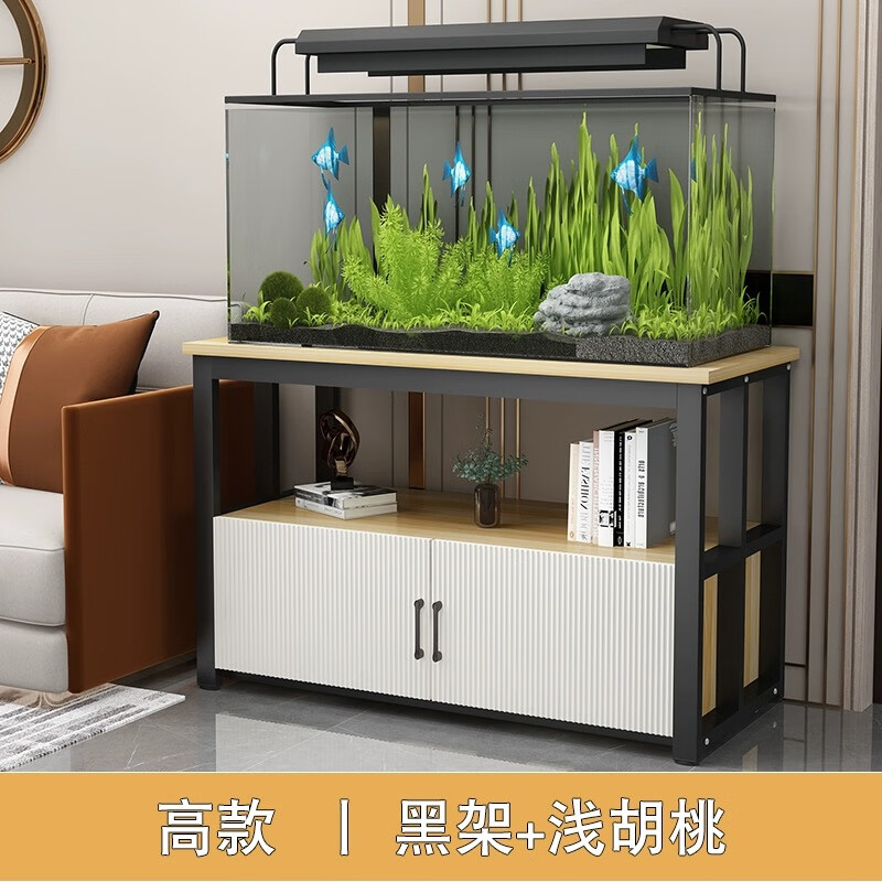 胖东来同款鱼缸架子鱼缸底柜鱼缸架金属底架底座草缸铁艺鱼缸底架 黑架＋胡桃柜竖条门 不带鱼缸 50x30x70cm 长宽高 京东折扣/优惠券