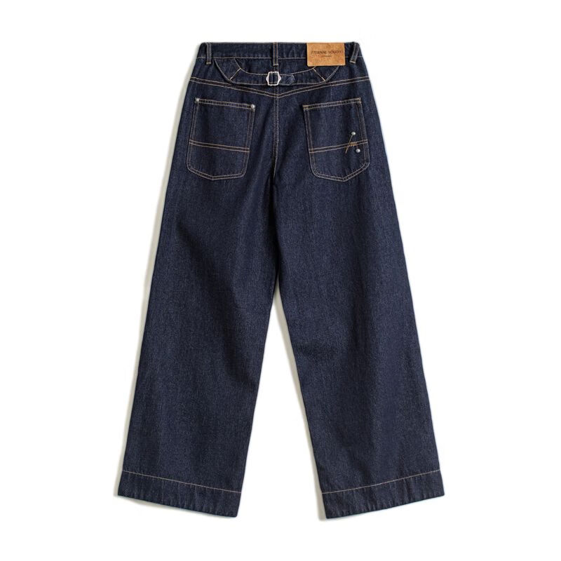 马登女装 牛仔裤女士秋季新款美式巴黎扣丹宁蓝原色宽松直筒阔腿裤子 洗水蓝 S 偏大，日常穿M码建议此尺码