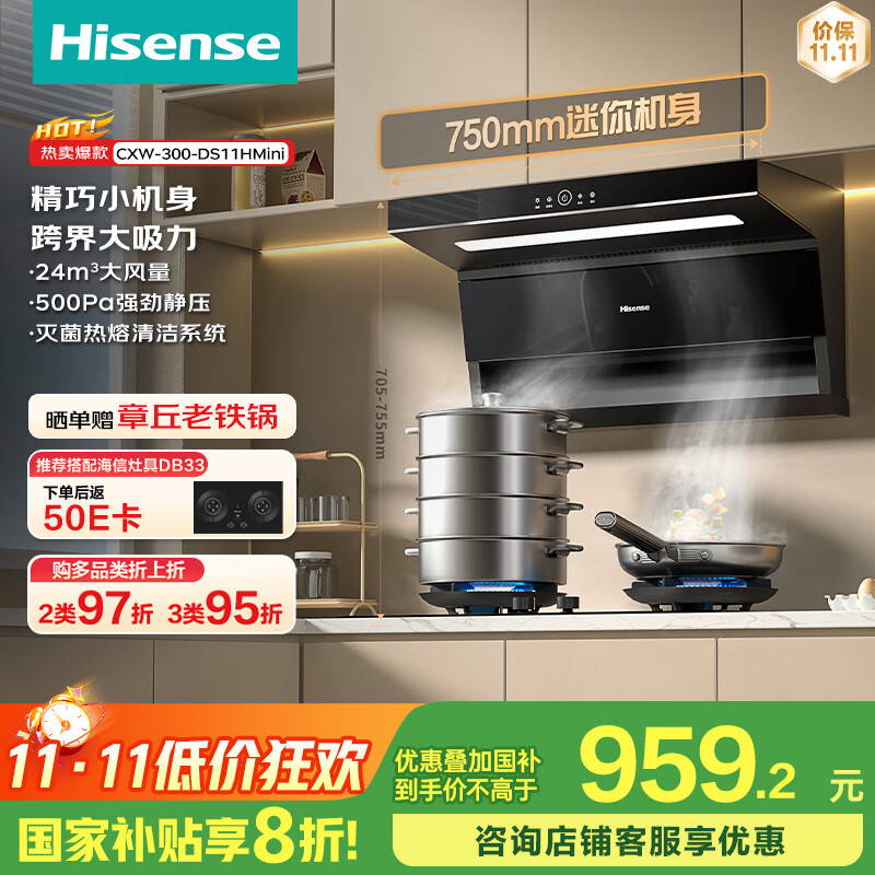 海信（Hisense）75公分小尺寸顶侧双吸24立方大吸力挥手自清洁家用小户型抽排吸油烟机出租房DS11HMini国家补贴20%