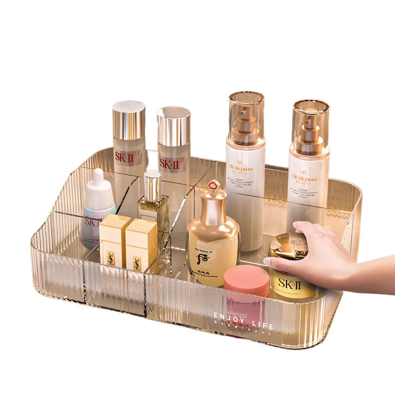 雷仕頓輕奢化妝品收納盒桌面口紅護(hù)膚品分格整理盒衛(wèi)生間洗漱臺(tái)面收納筐 大號(hào)7格收納盒【透明色】