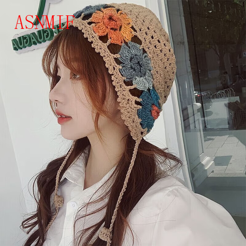 ASNMIF民族风复古钩花镂空针织帽女新疆西藏川西旅游拍照帽子 卡其色 单排七彩花辫子手工帽- 均码55-59cm