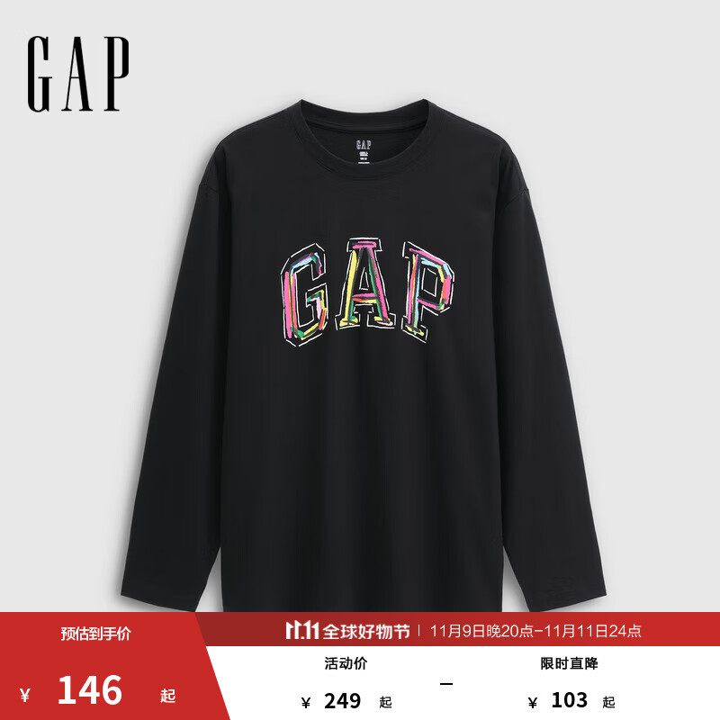 GAP男女装2025秋季新款logo涂鸦印花纯棉宽松长袖T恤上衣787426 黑色 L (175/96A) 亚洲尺码