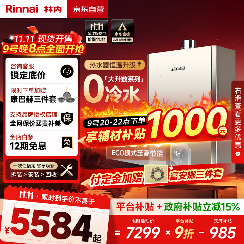 林内（Rinnai）【鲸吨吨蓝鲸】24L燃气热水器【国家补贴】零冷水大水量24GD61R（JSQ47-GD61R）