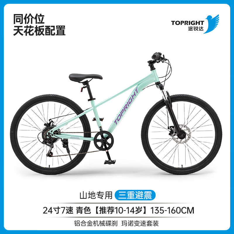 途锐达儿童山地自行车8-12岁大童男女孩变速单车小学生24寸双碟刹脚踏车 MTS050【远山青】 24寸【7速】