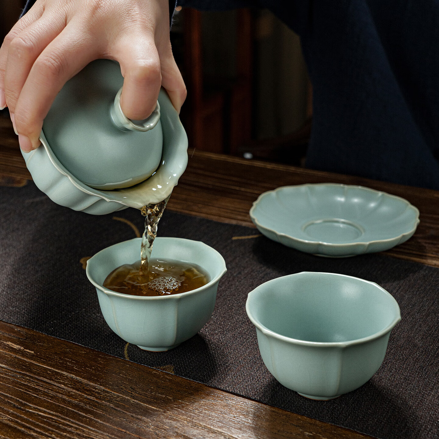 青澹墨雅天青汝窑 盖碗茶组冰裂釉开片三才泡茶盖碗 景德镇手工陶瓷礼盒装 承云玉润茶组 3件