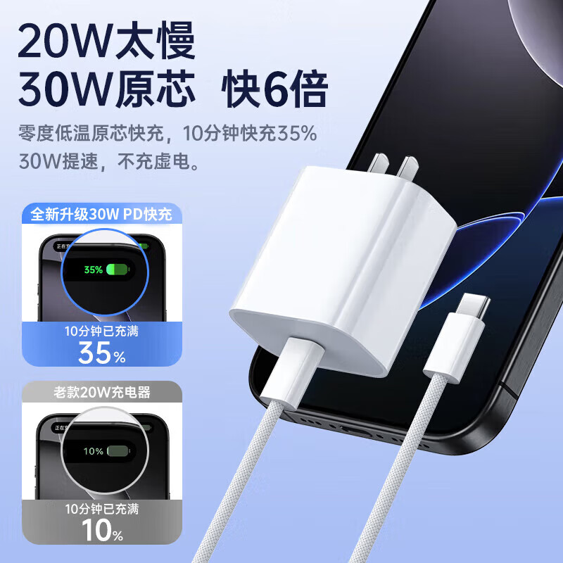 苹果充电器原装快充套装充电线iPhone/17/16ProMax/15/14pro/12/13快充头ipad平板PD线 【苹果15/16】30W快充头+1米线 安全不伤机