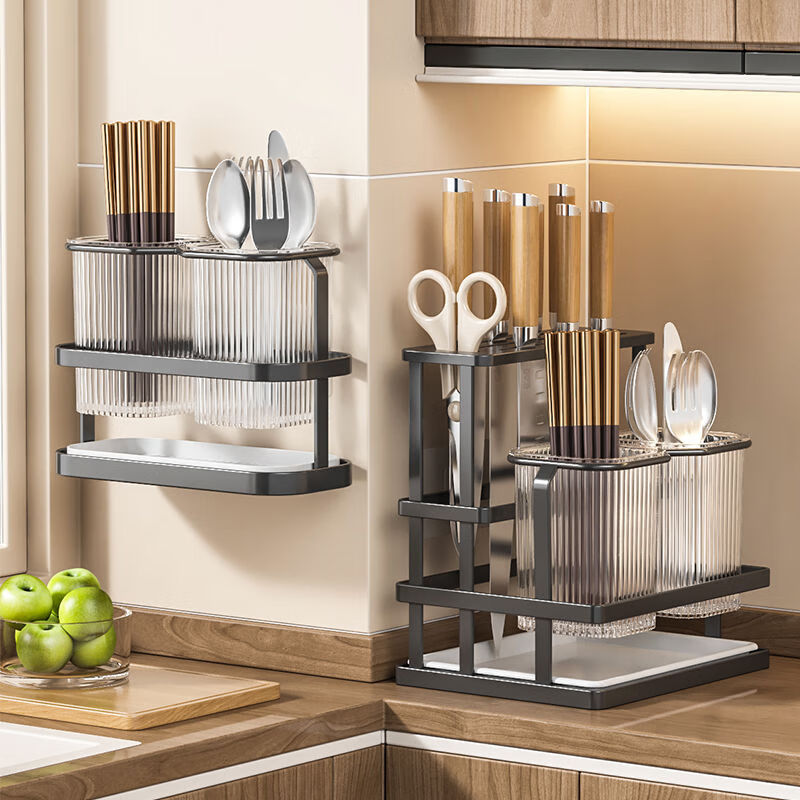 泰禧阁厨房刀架筷子筒一体收纳轻奢风刀具置物架新款筷笼子家用菜刀置物 经典耀夜黑 收纳刀架+筷子筒