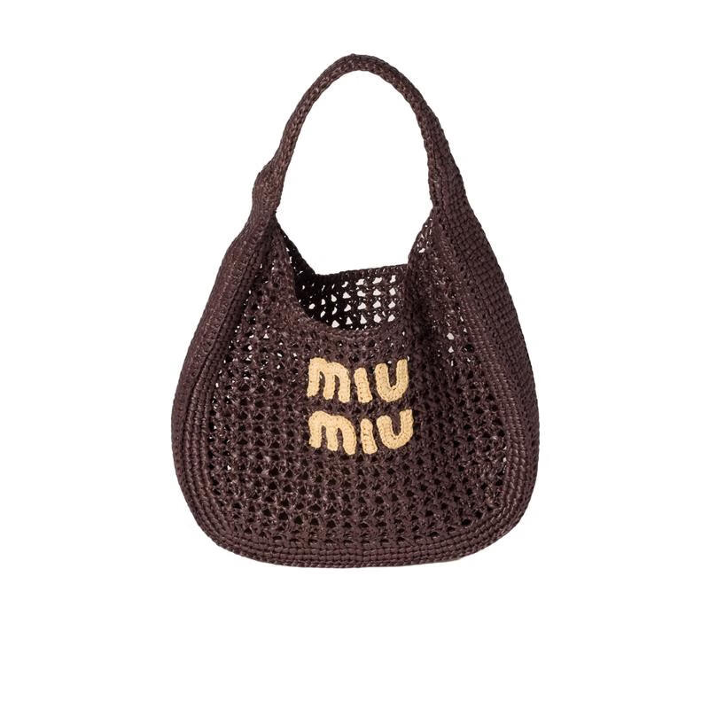 繆繆（MiuMiu）女士編織手提包輕便攜帶日常出行透氣設(shè)計字母裝飾粘膠纖維 黑色 均碼
