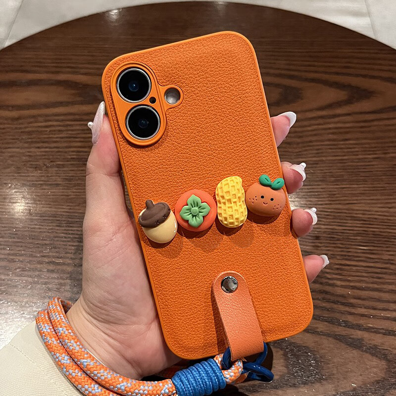 八脚兽适用苹果17手机壳新款橙素皮纹iphone16好事发生公仔15pro手提绳高级感14女款手腕绳13pro保护套 橙色素皮皮纹壳+好柿发生公仔+手提绳 iPhone 13 Promax