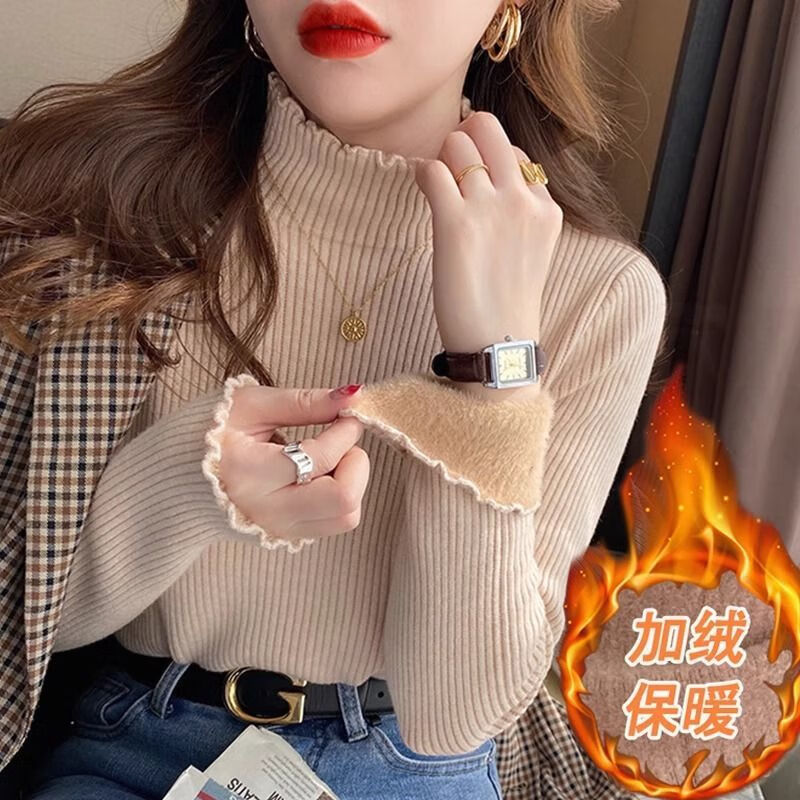 梵阕一体绒软糯风毛衣女秋冬加绒加厚半高领针织衫打底衫保暖内搭上衣 燕麦色 均码 建议90-135斤