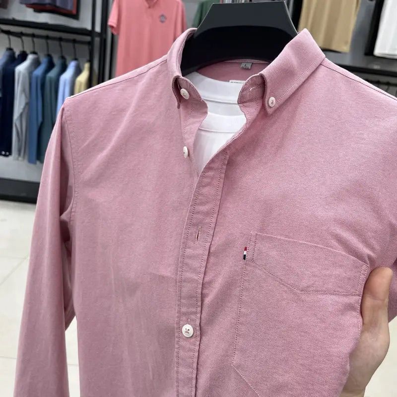 TOMMY JEANS汤米春秋纯棉长袖衬衫男装休闲纯色衬衣打底衫长袖T恤牛津纺衬衣 粉色 XL 140-160斤