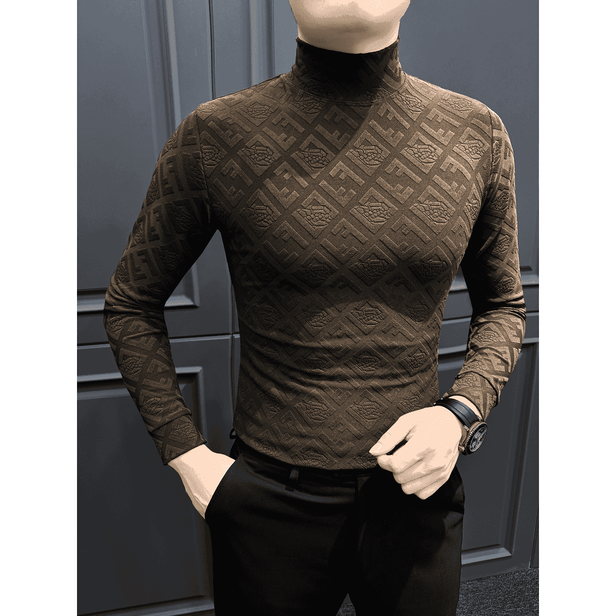 提花半高领男士长袖t恤爆款2025新款秋冬季痞帅高级感男款打底衫 咖色 XL 建议130-145斤