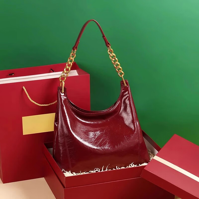 游子吟包包女包腋下包链条包大容量红色结婚包包新娘包托特包女士包 油蜡红-高档款软皮托特包