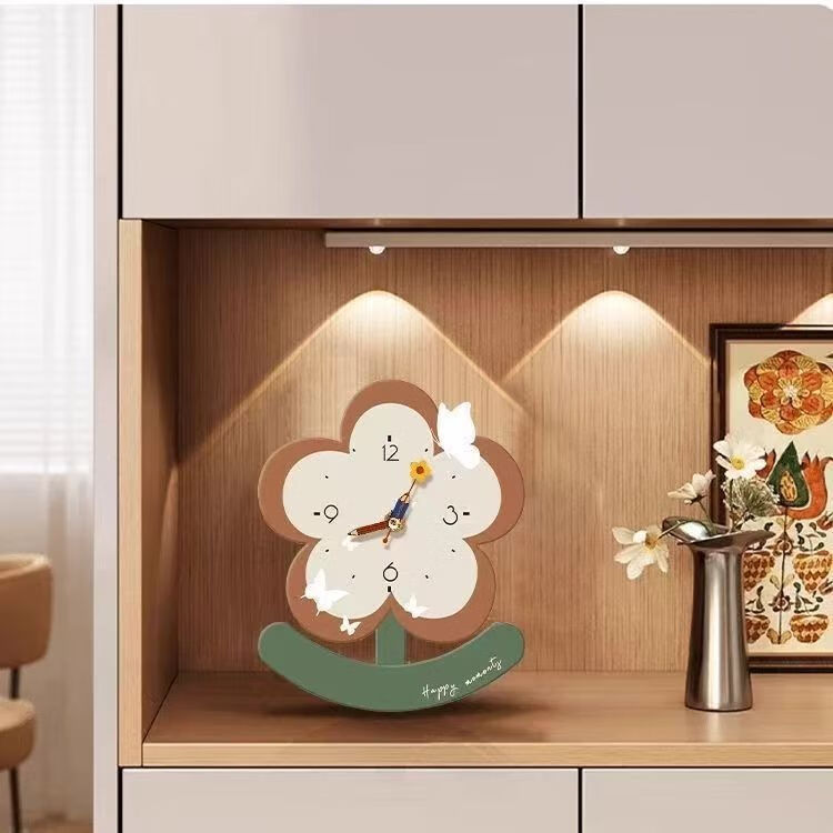 OYKTN现代简约中古风桌面时钟摆台电视柜床头晶瓷面花卉钟表摆放装饰画 花朵款-1钟表不倒翁 20*25厘米