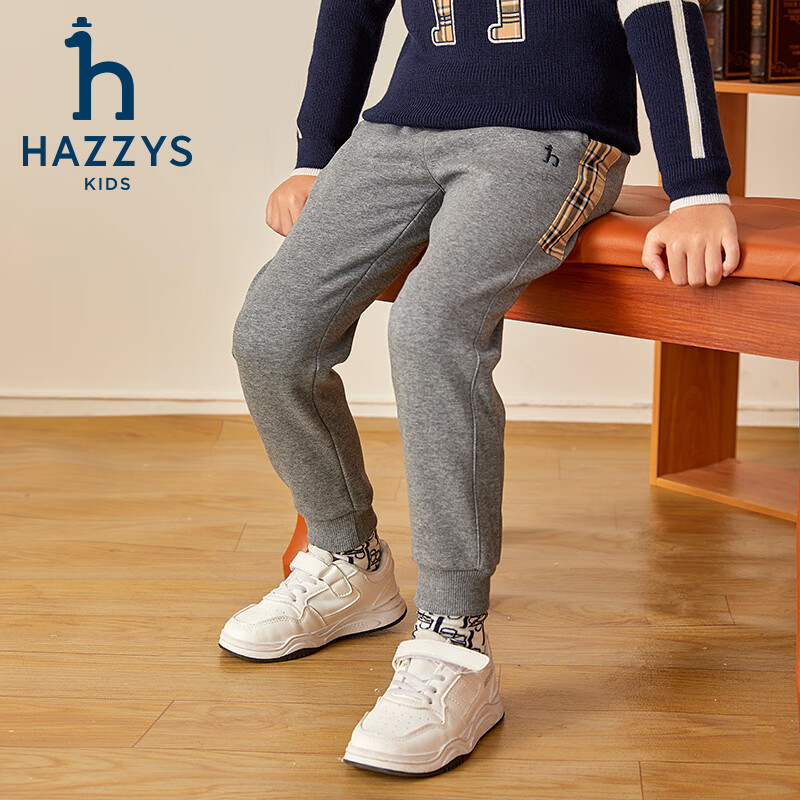 哈吉斯（HAZZYS）男童裤子冬新品加厚一体绒舒适长裤 中花灰 105