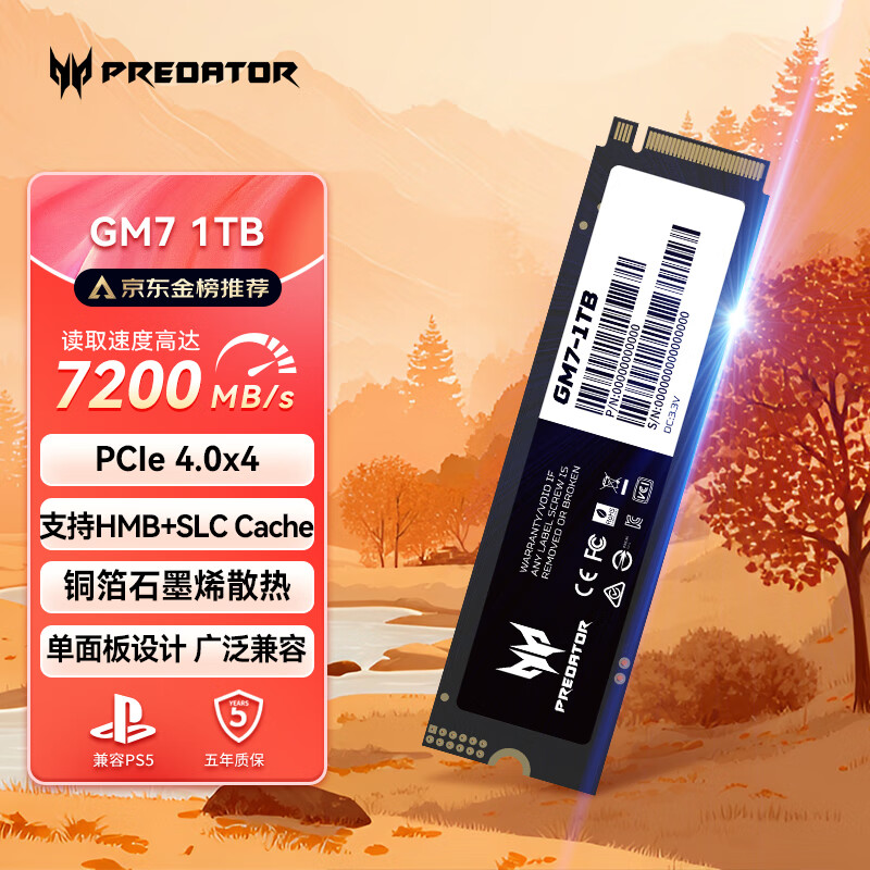 宏碁掠夺者（PREDATOR）1TB SSD固态硬盘 M.2接口(NVMe协议) GM7系列｜NVMe PCIe 4.0读速7200MB/s  AI电脑存储配件