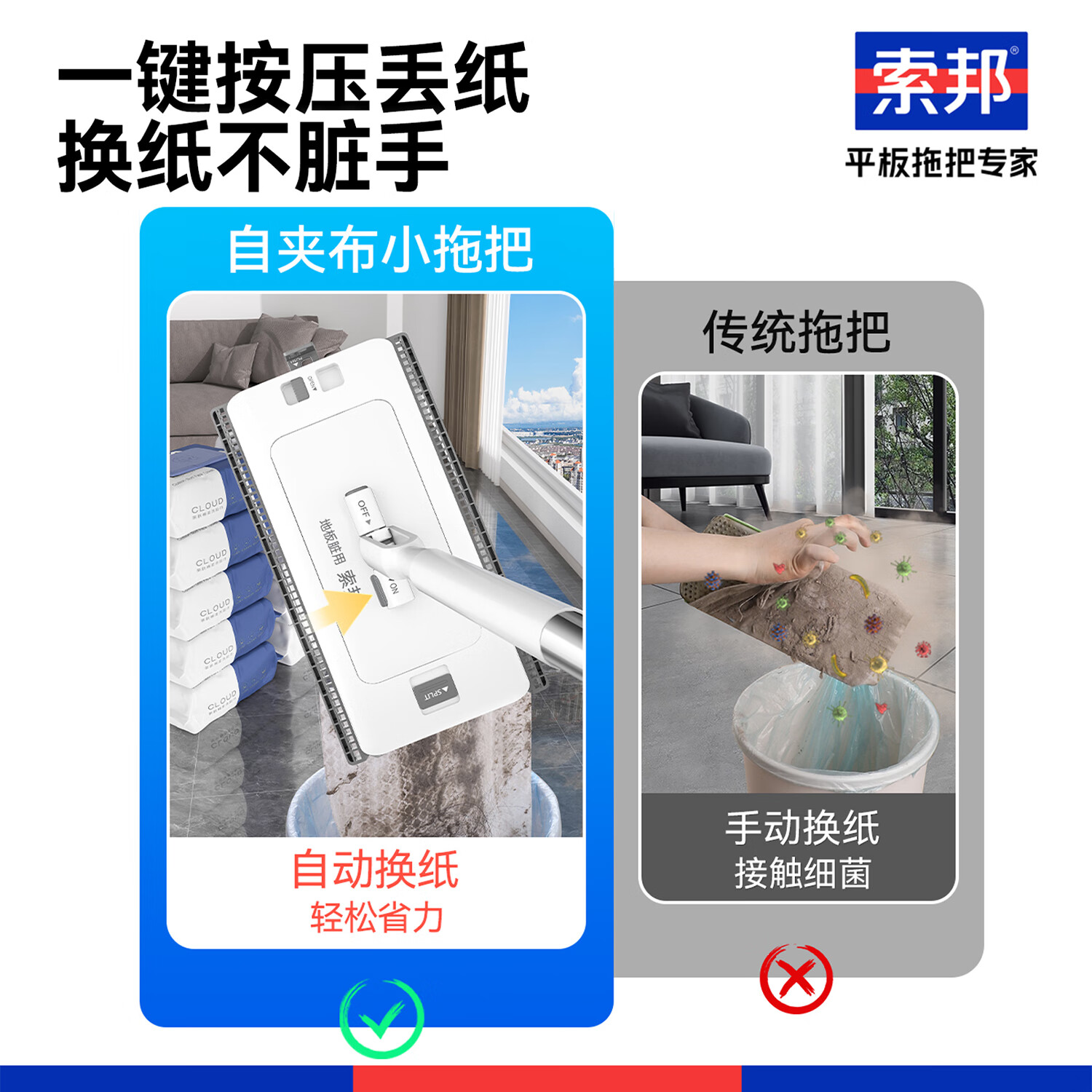 索邦(sobam)免手洗洗脸巾拖把懒人拖地干湿两用家用客厅夹布拖把拖地神器 可拆式子母洗脸巾拖把【大小抹布各两块】