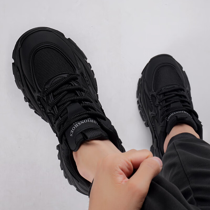 罗宾赐轻奢男鞋2025秋冬新款透气网面运动休闲鞋子男士软底增高老爹鞋男 黑色【加绒保暖】-高端男鞋 43