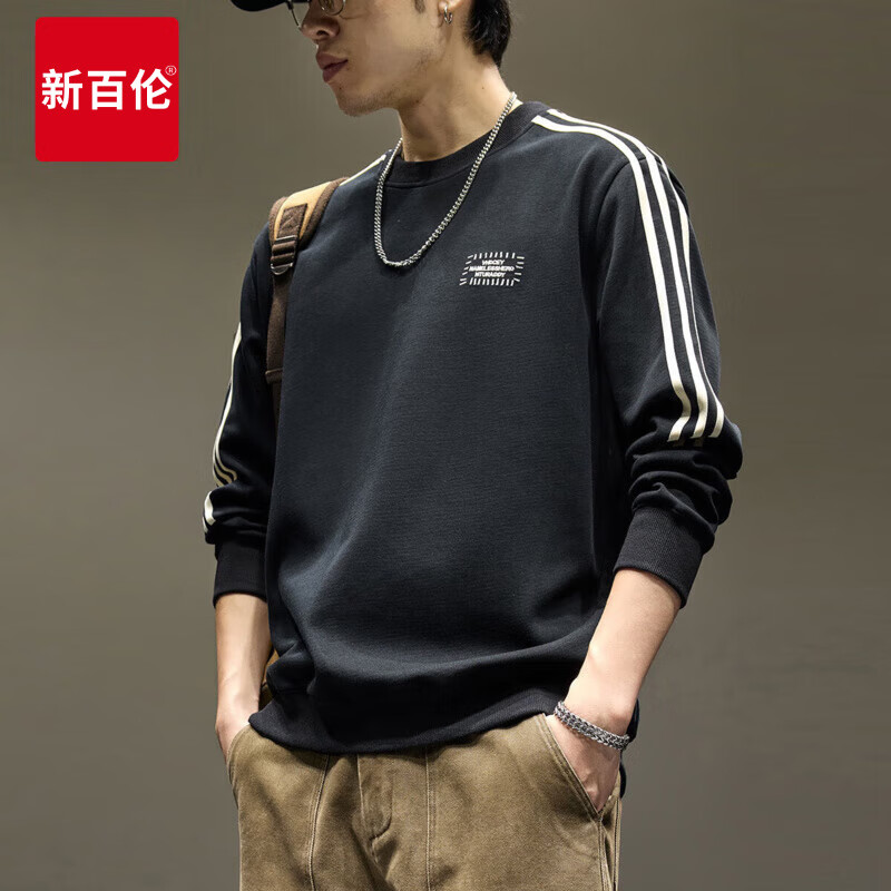 新百伦高端重磅卫衣男士春秋新款圆领长袖t恤潮流穿搭宽松外套男打底衫 1341黑色 常规 L 码【合适130-145斤】