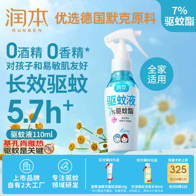 润本（RUNBEN）驱蚊液驱蚊喷雾110ml户外防蚊虫叮咬花露水7%驱蚊酯无香