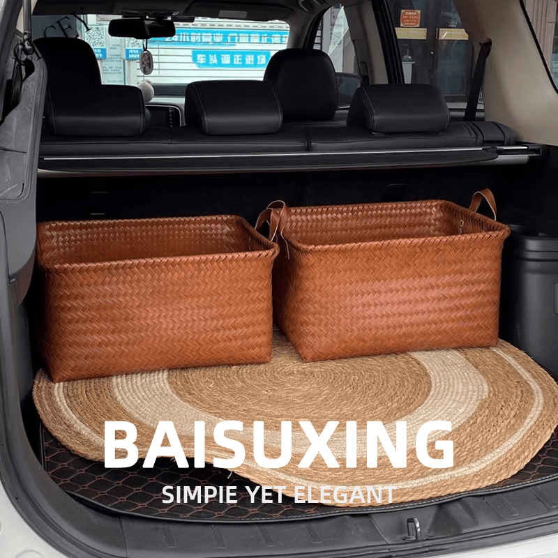 CLCEY后备箱收纳箱汽车超大防压编织收纳筐藤编篮子框车载用品大 (斑点狗+小熊贴)编织收纳筐特大号 38*28*24cm