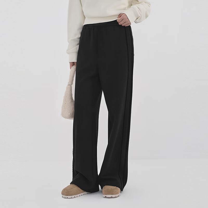 乐町【商场同款】乐町直筒针织长裤冬新款雪尼尔阔腿休闲裤C1GHF4412 黑色(现货) XL