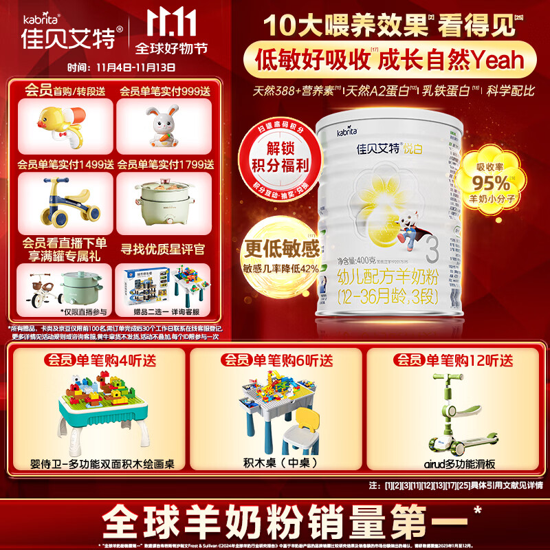 佳贝艾特（Kabrita）悦白婴幼儿配方羊奶粉 3段(1-3岁)400克 天然A2蛋白