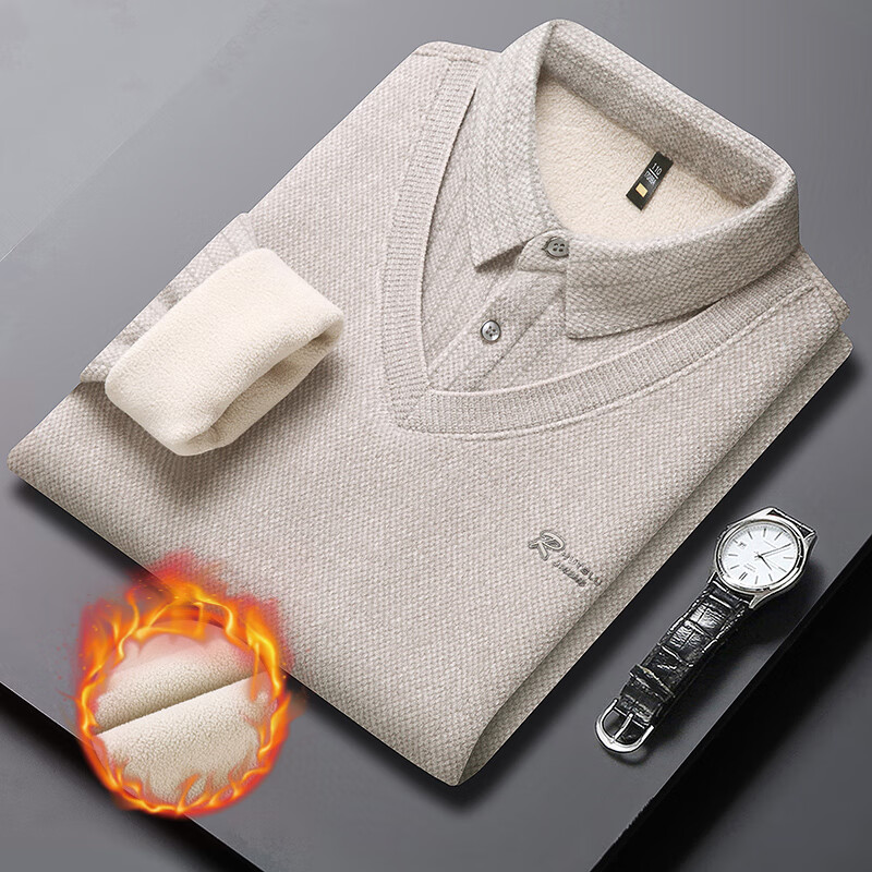 高端打底上衣假两件针织衫，男士冬季加绒加厚衬衫领毛衣男休闲S1 米色【加绒加厚】 L 【建议斤115-130】