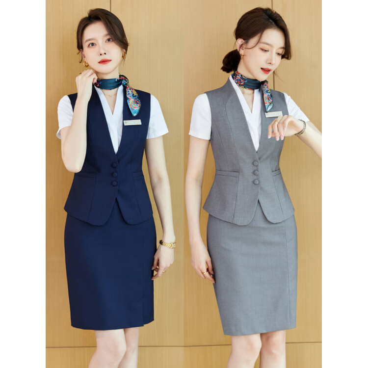 山头林村珠宝酒店前台接待经理工作服马甲女士西装套装职业正装气质春秋季 藏青色西装+裤子+裙子+白色衬衫 6XL