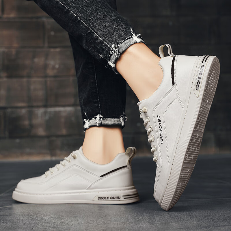 西域骆驼（VANCAMEL）男鞋秋季英伦商务休闲皮鞋子男士免系带软底百搭运动板鞋子男板鞋 【官方正品 品质保证】白色配色 43