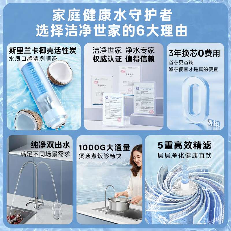 洁净世家净水器小白鲸1000G 3年长效RO反渗透膜过滤器 厨房台下家用直饮净饮一体机 【小白鲸青春版】1000G 3年长效RO膜