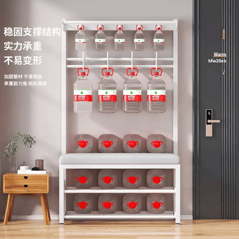 简易物凳入户门家用衣帽架架玄关一体换鞋架落地门厅多功能挂衣置 换鞋凳-60CM(白架-蓝布)