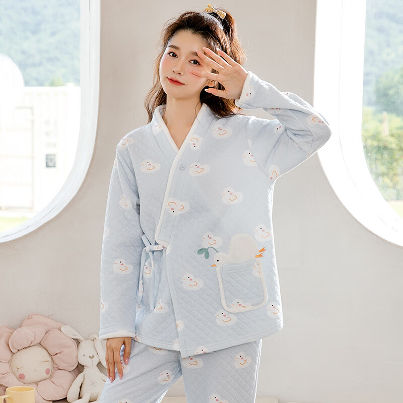 家の时光月子服春秋12月份11空气棉孕妇睡衣秋冬季里外纯棉哺乳产妇待产服 小蓝鸭 XL码 推荐145-160斤