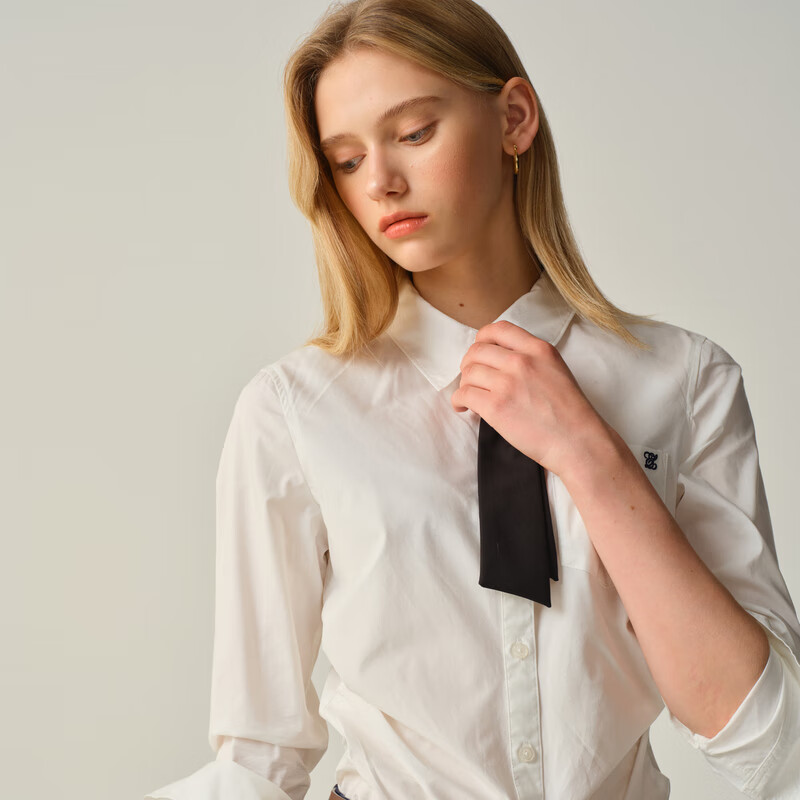 ELAND【小蛮腰】衣恋衬衫女短款棉质翻领通勤上衣2025秋季新款 象牙白/白色(39)Ivory L /170