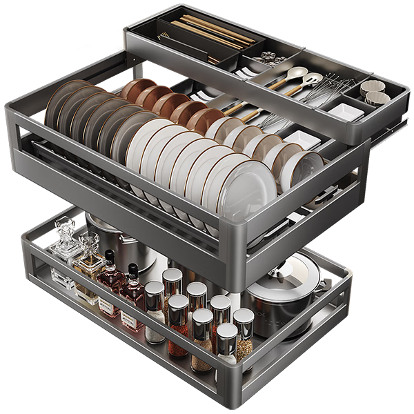 卡貝(cobbe)廚房拉籃櫥柜抽屜式加厚三層太空鋁合金碗籃調味料碗碟收納置物架