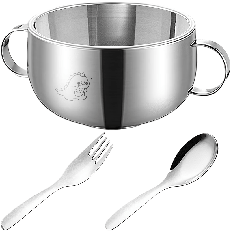 葆氏雙耳輔食碗兒童316L不銹鋼碗嬰兒寶寶專用米粉吃飯碗餐具贈(zèng)叉勺