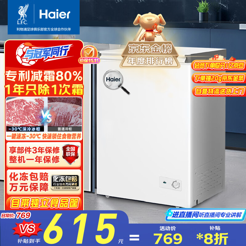 海尔（Haier）100升低霜小冰柜家用商用 冷藏柜冷冻柜两用冰柜京东自营小型冰箱小型冷柜BC/BD-100GHW9D国家补贴