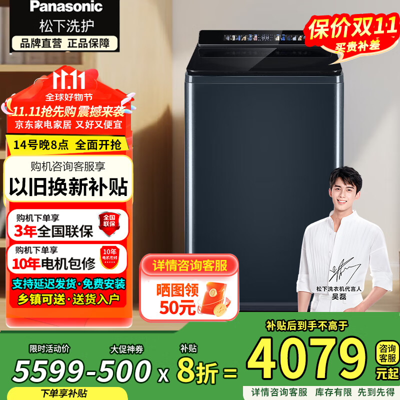 松下（Panasonic）波轮洗衣机全自动12公斤大容量除菌除螨羽绒内衣洗衣机彩屏不弯腰XQB120-U2F1以旧换新国
