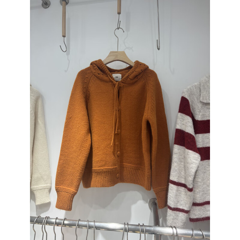 浣伊粗棒针慵懒风毛衣宽松复古镂空连帽针织开衫女插肩袖外套 橘色 egg S 80-95斤