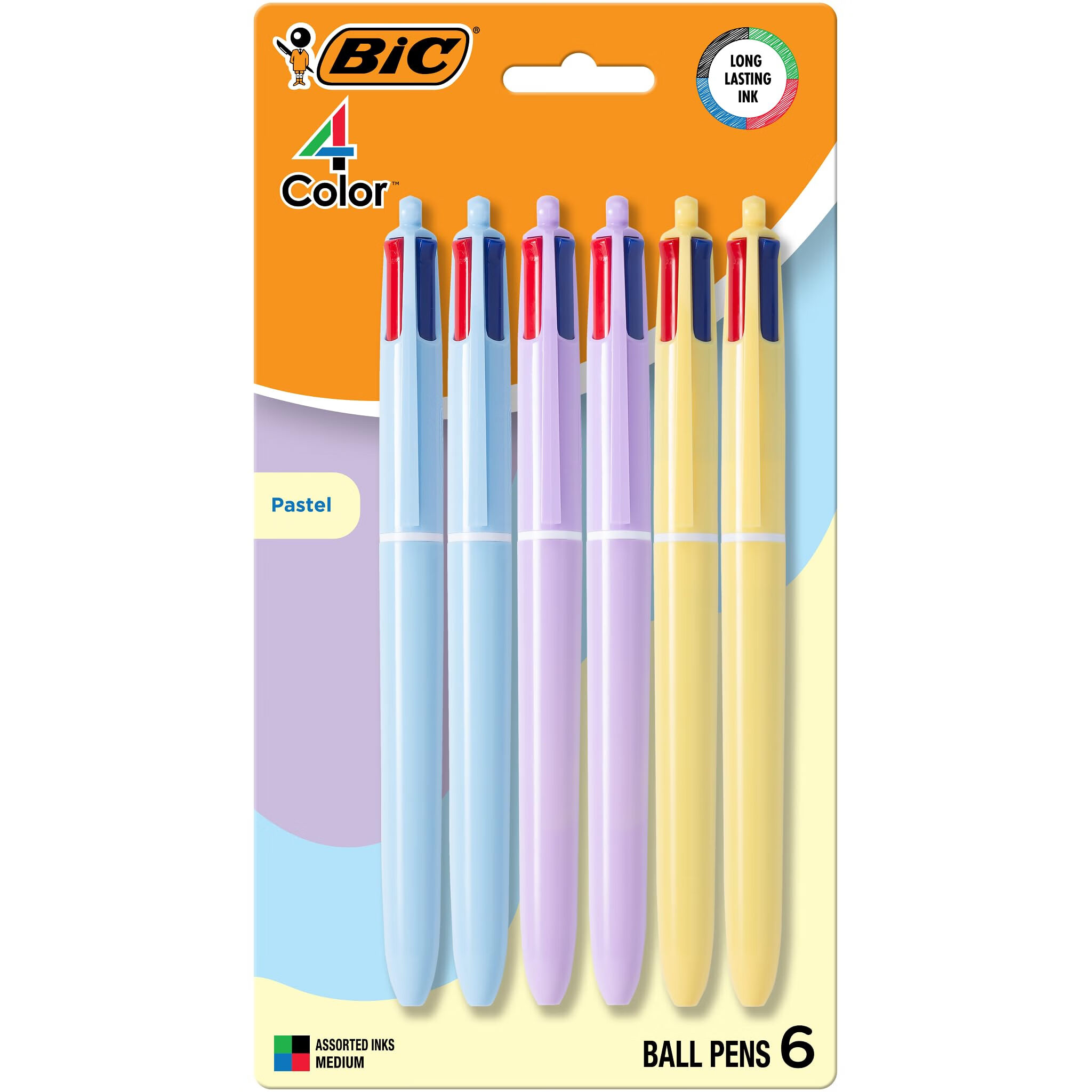 BIC 4 色粉彩笔杆多色圆珠笔,中等笔尖(1.0 毫米),6 支装,黑色、蓝色、绿色和红色墨水 多色 1 个 * 6 件装
