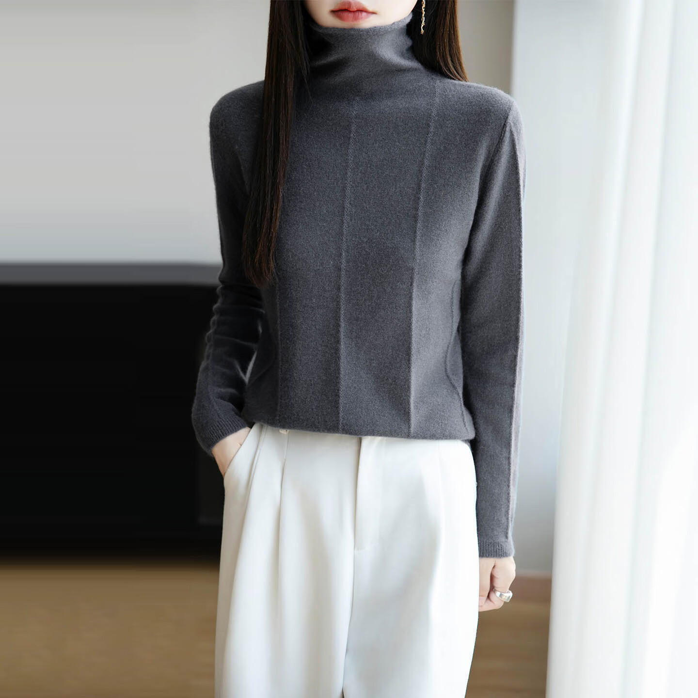 香影芬2025秋冬新款堆堆领100%纯羊毛衫女套头宽松百搭羊毛打底衫女毛衣 经典黑色 3XL (建议135-150斤)