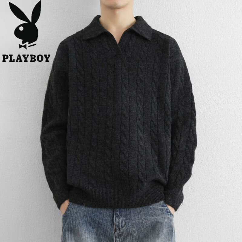 花花公子（PLAYBOY）美式复古慵懒麻花纹理假两件翻领套头毛衣男宽松拼接针织衫外套潮 黑色 M