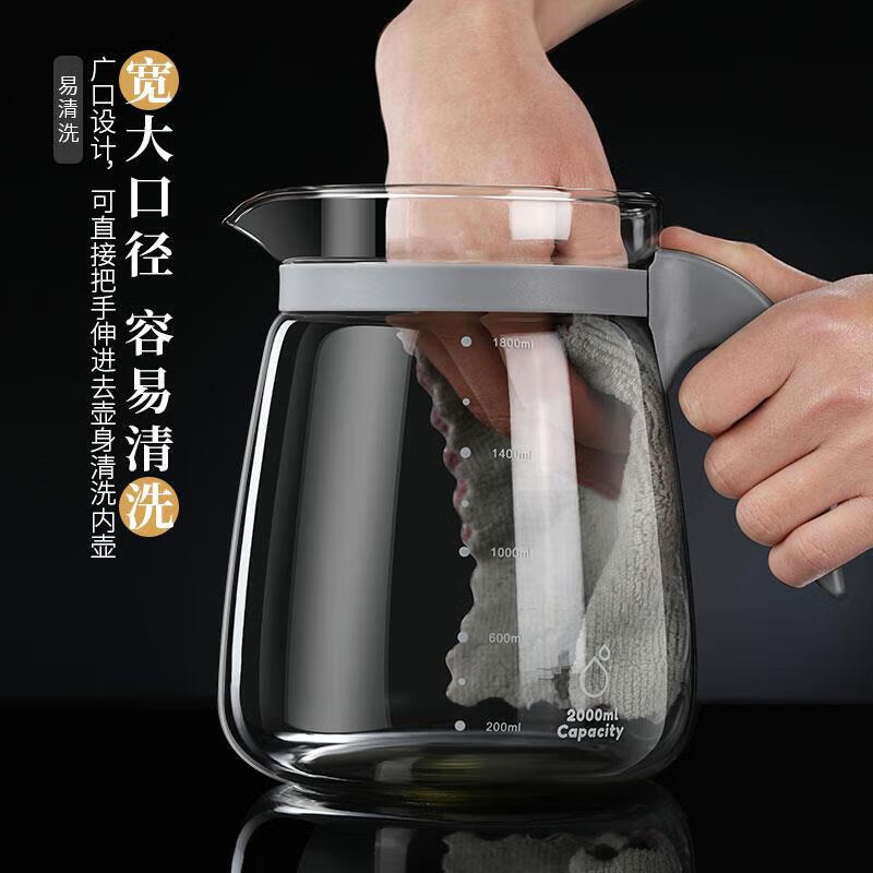 MIEHONE德国品牌玻璃冷水壶耐高温家用凉水壶大容量耐热白开水扎壶果汁壶 黑色耐热耐冷 带刻度 防爆  2000ml