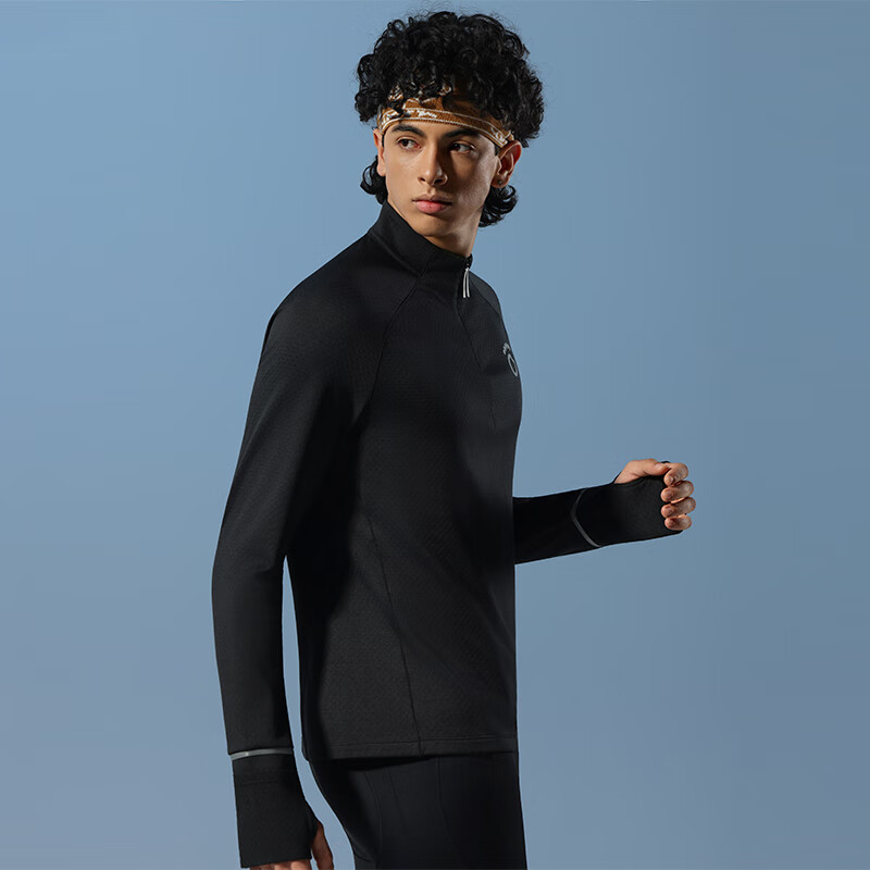 马孔多（macondo）原创单品|加绒立领半开拉链上衣4代 吸湿排汗自调节可温控跑步T恤 黑色 男款 L