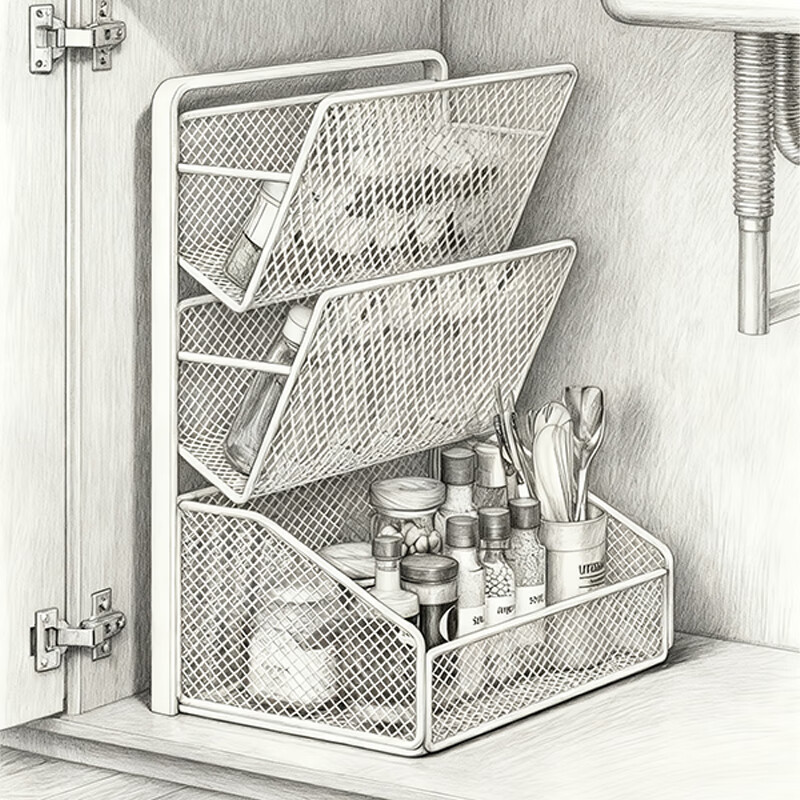 尔思家厨房置物架免安装下水槽多层收纳架多功能橱柜储物柜调味料收纳盒 白色三层