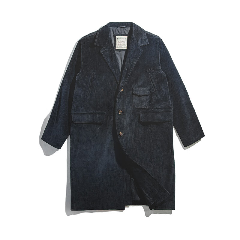 马登 MADEN工装美式复古中长款灯芯绒风衣秋冬外搭过膝条绒大衣男士外套 黑色 S