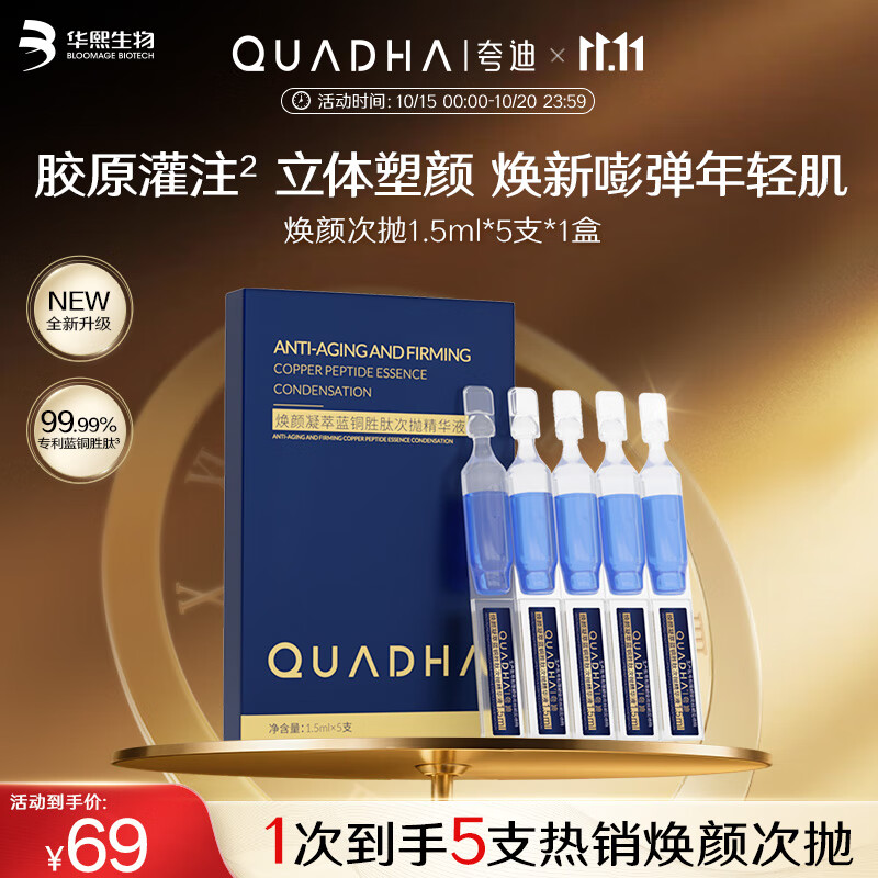 夸迪蓝铜胜肽2.0次抛精华液1.5ml*5支胶原紧致修护抗皱护肤品华熙生物